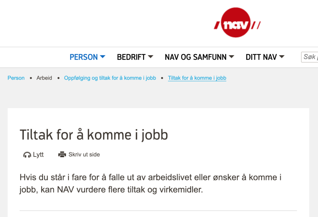 Skjermklipp av NAVs nettside om å komme i jobb